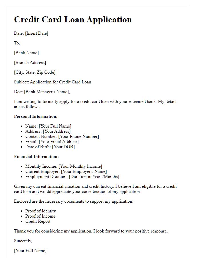 Letter template of credit card loan application information