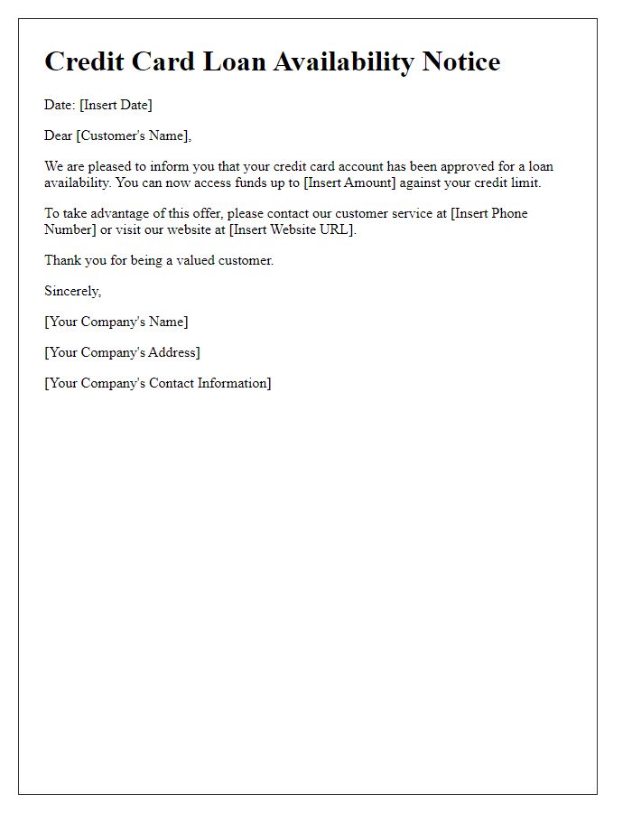 Letter template of credit card loan availability notice