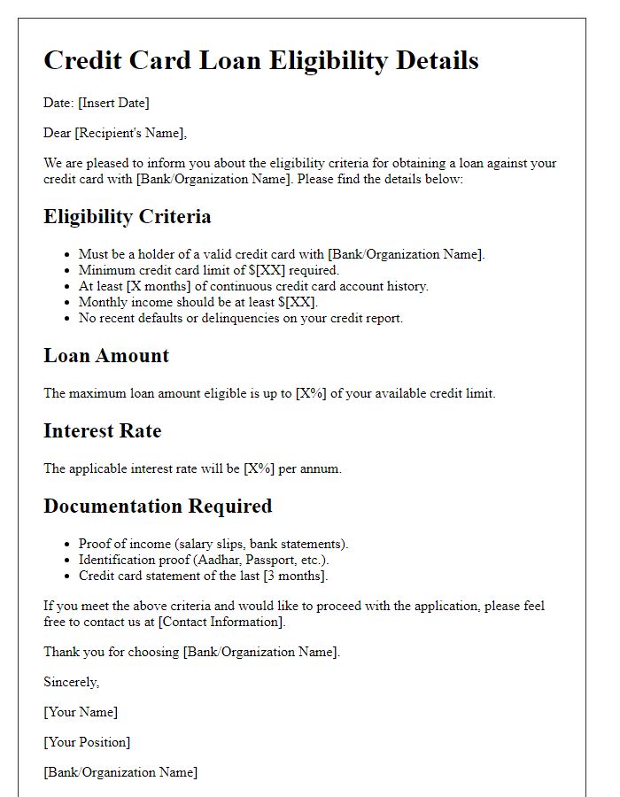 Letter template of credit card loan eligibility details