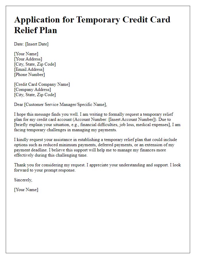 Letter template of application for temporary credit card relief plan.