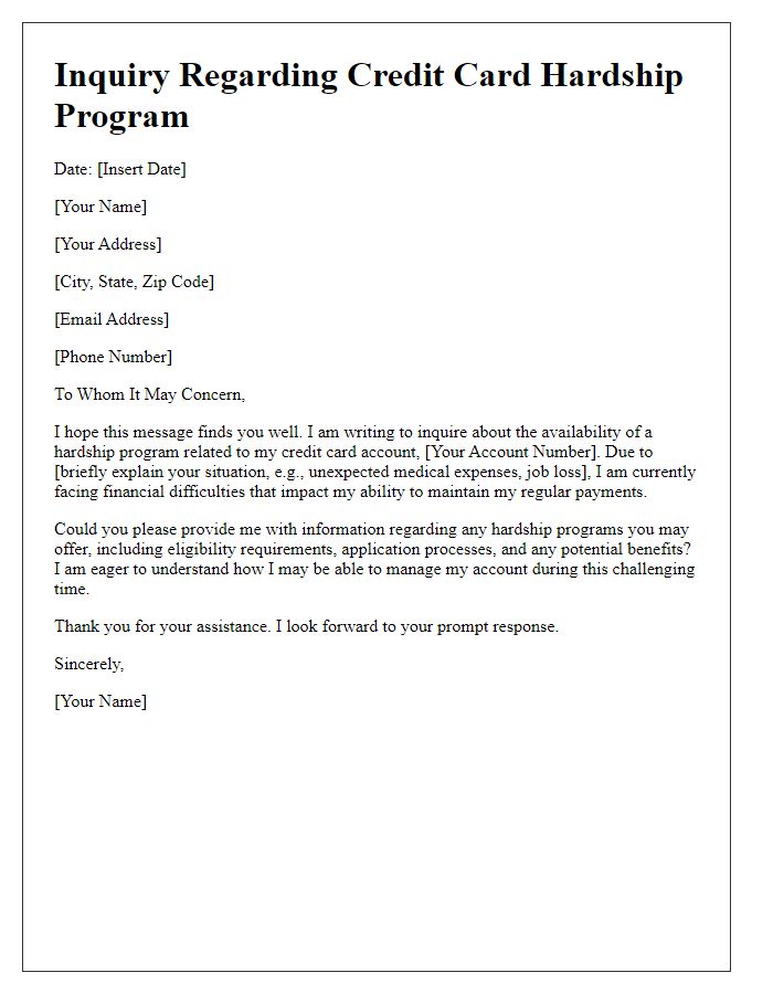 Letter template of inquiry regarding credit card hardship program.