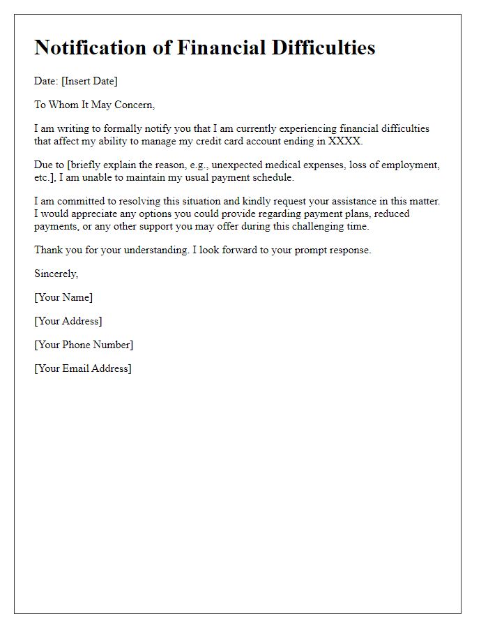 Letter template of notification for financial difficulties with credit card.