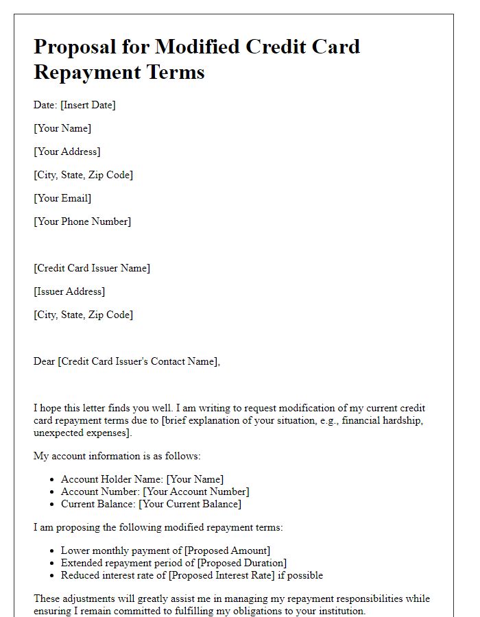 Letter template of proposal for modified credit card repayment terms.