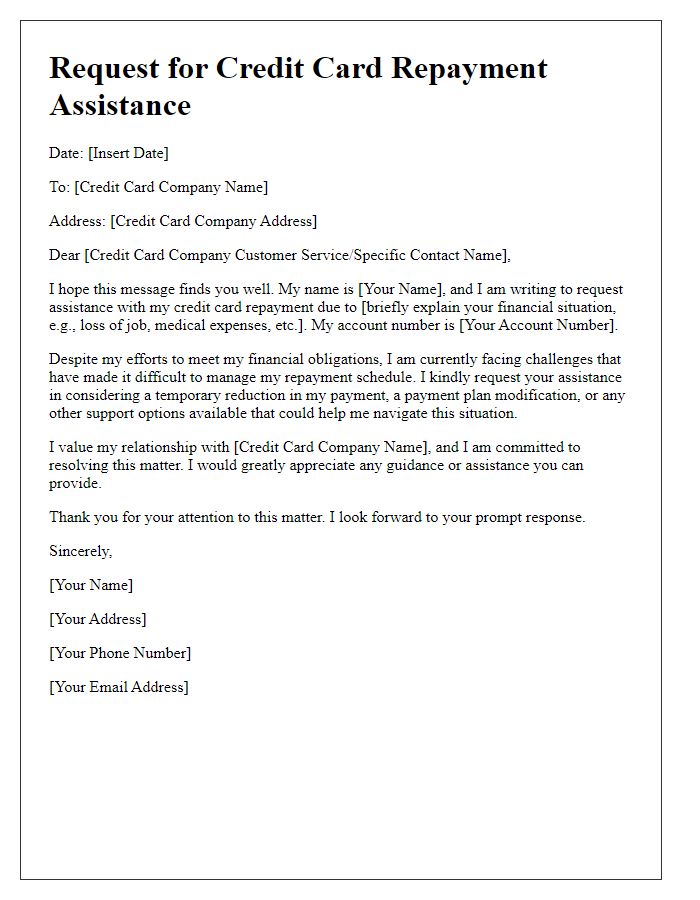 Letter template of request for credit card repayment assistance.