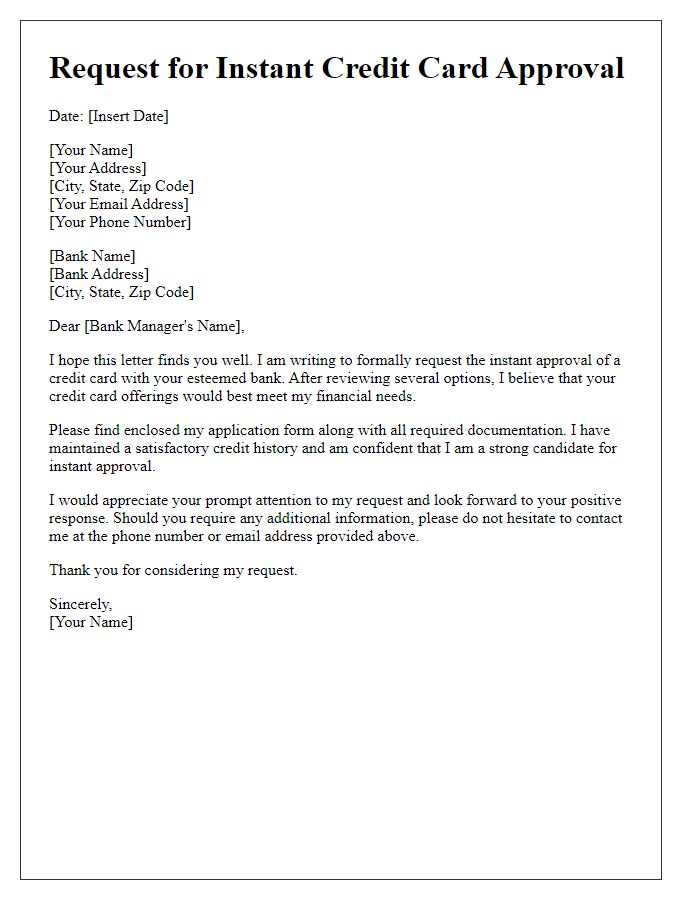 Letter template of request for instant credit card approval.