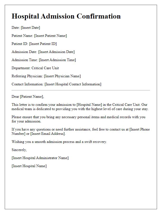 Letter template of hospital admission confirmation for a critical care admission.