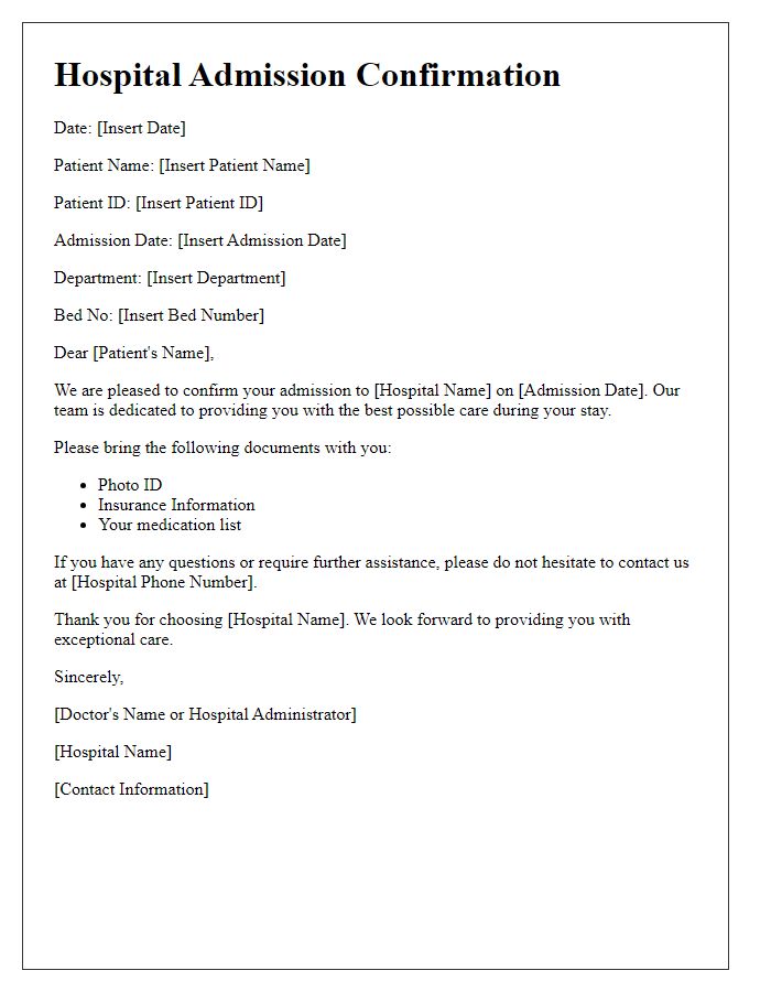 Letter template of hospital admission confirmation for a general patient.