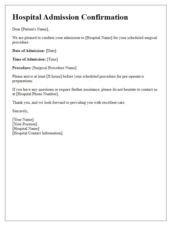 Letter template of hospital admission confirmation for a surgical procedure.