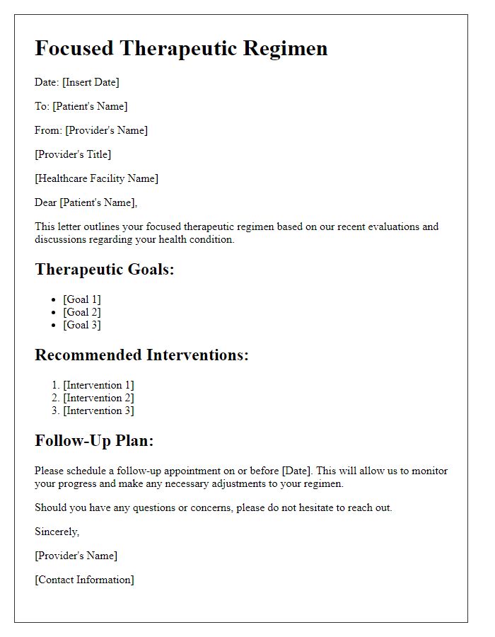 Letter template of focused therapeutic regimen