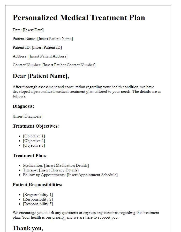 Letter template of personalized medical treatment plan