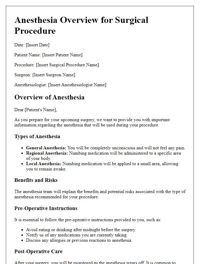 Letter template of anesthesia overview for the surgical procedure.