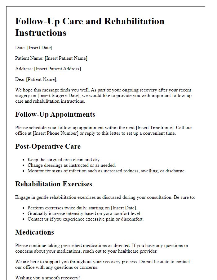 Letter template of follow-up care and rehabilitation after surgery.