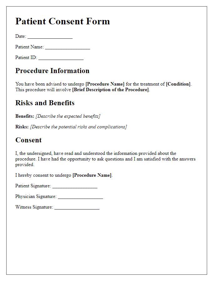 Letter template of patient consent and information on the procedure.