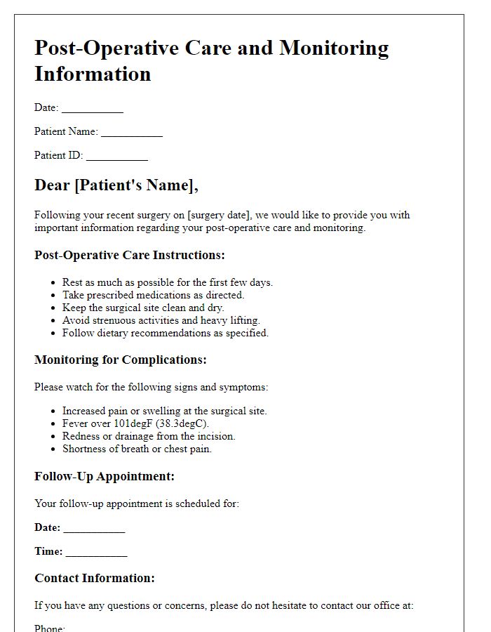 Letter template of post-operative care and monitoring information.