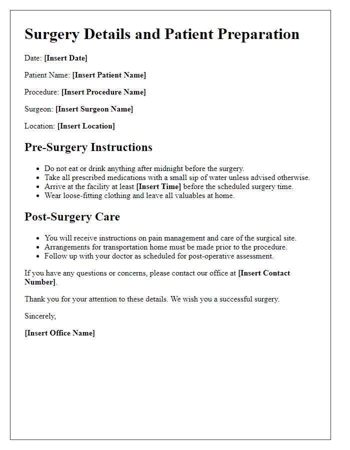 Letter template of surgery details and patient preparation.