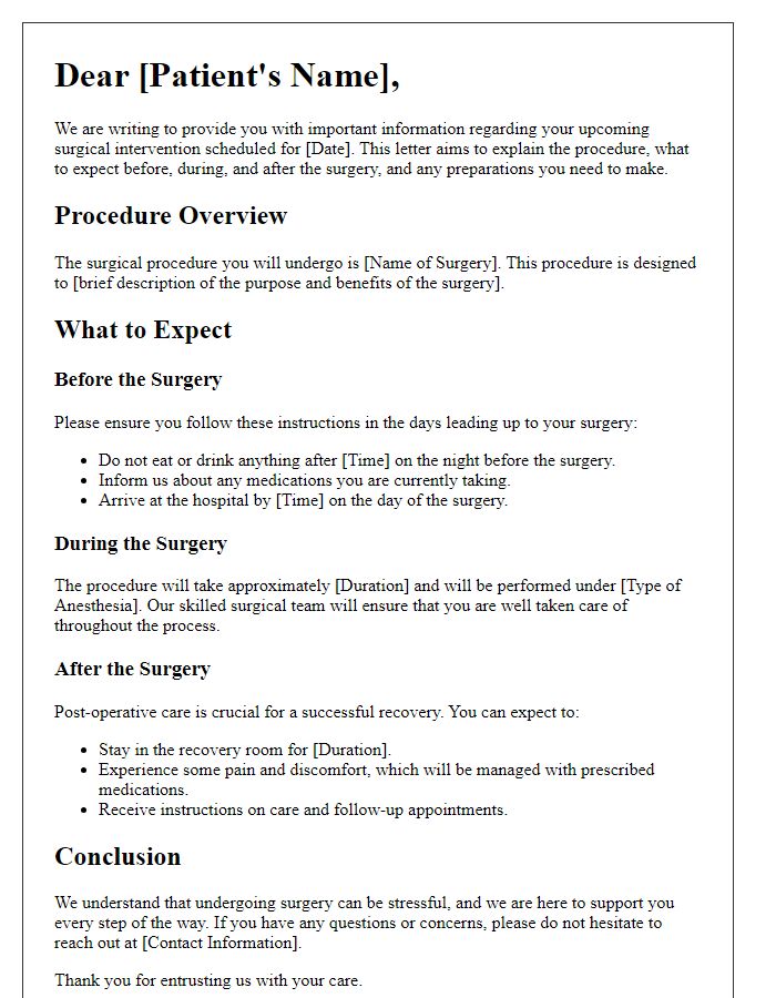 Letter template of surgical intervention explanation and expectations.