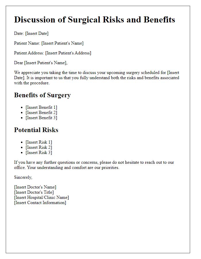 Letter template of surgical risks and benefits discussion.