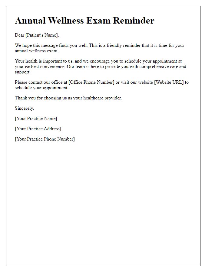 Letter template of annual wellness exam notification.