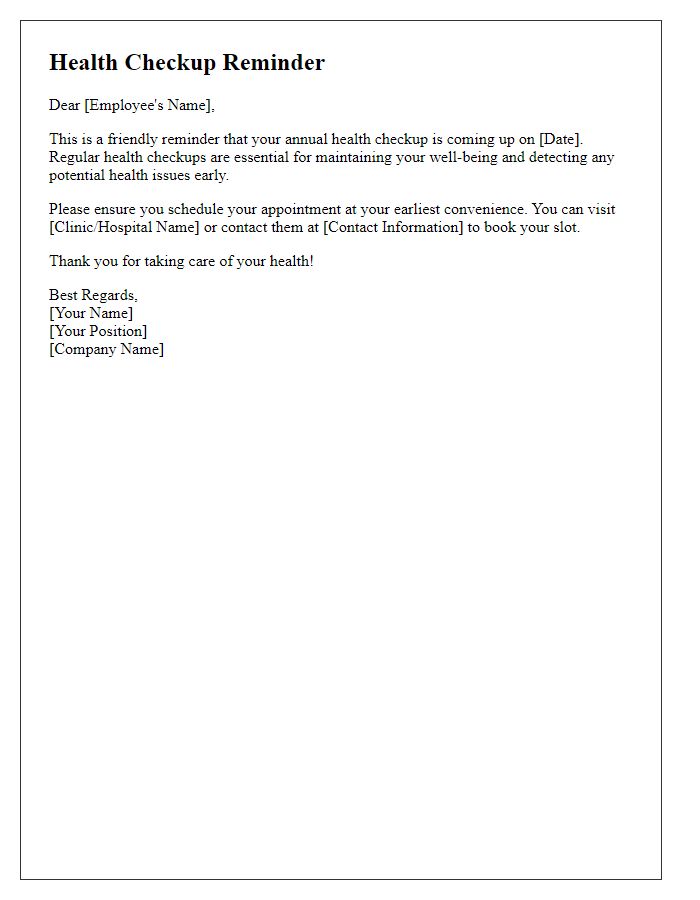 Letter template of health checkup reminder for employees.