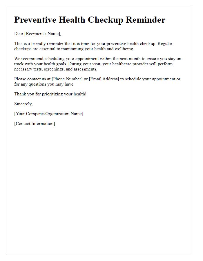 Letter template of preventive health checkup alert.