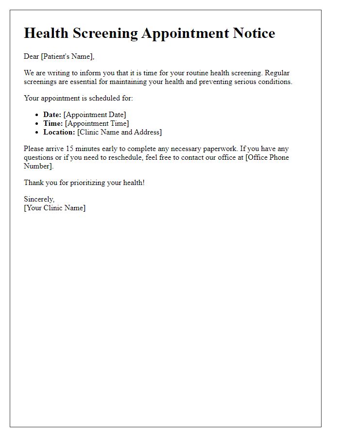 Letter template of routine health screening appointment notice.