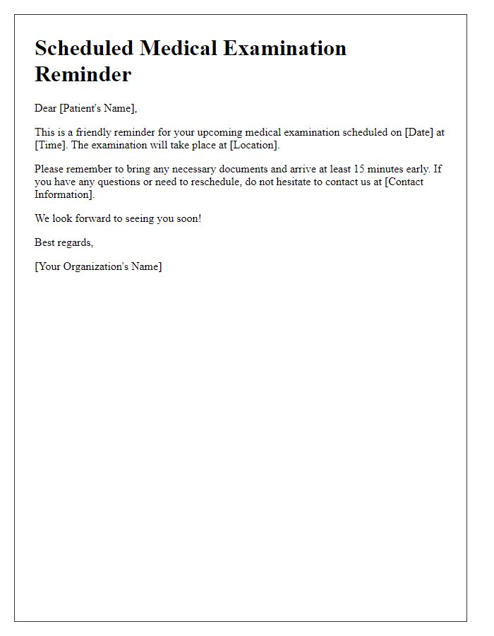 Letter template of scheduled medical examination reminder.