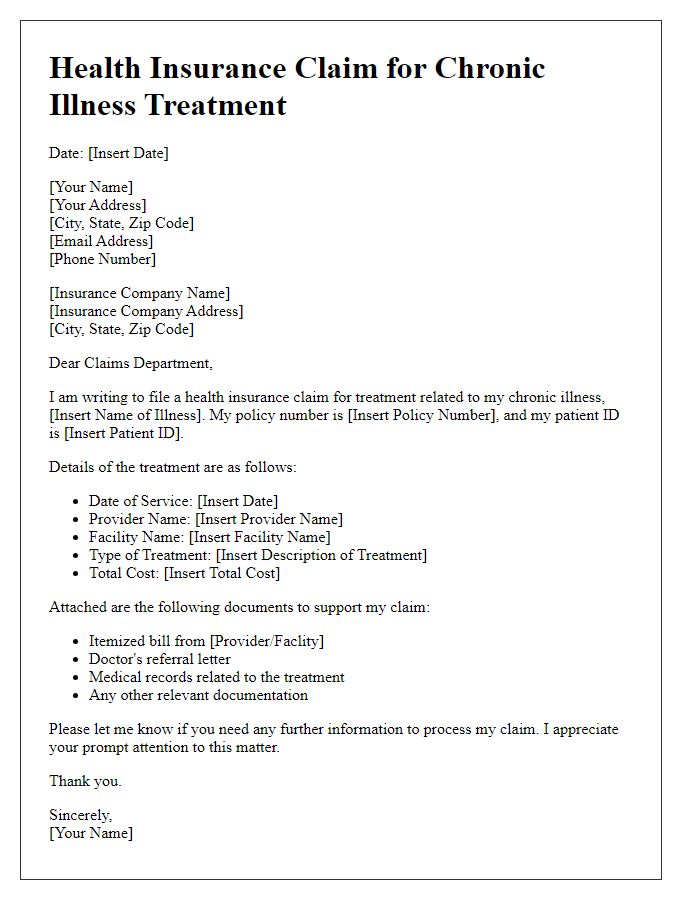 Letter template of health insurance claim for chronic illness treatment.