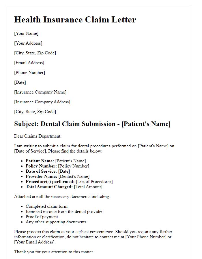 Letter template of health insurance claim for dental procedures.