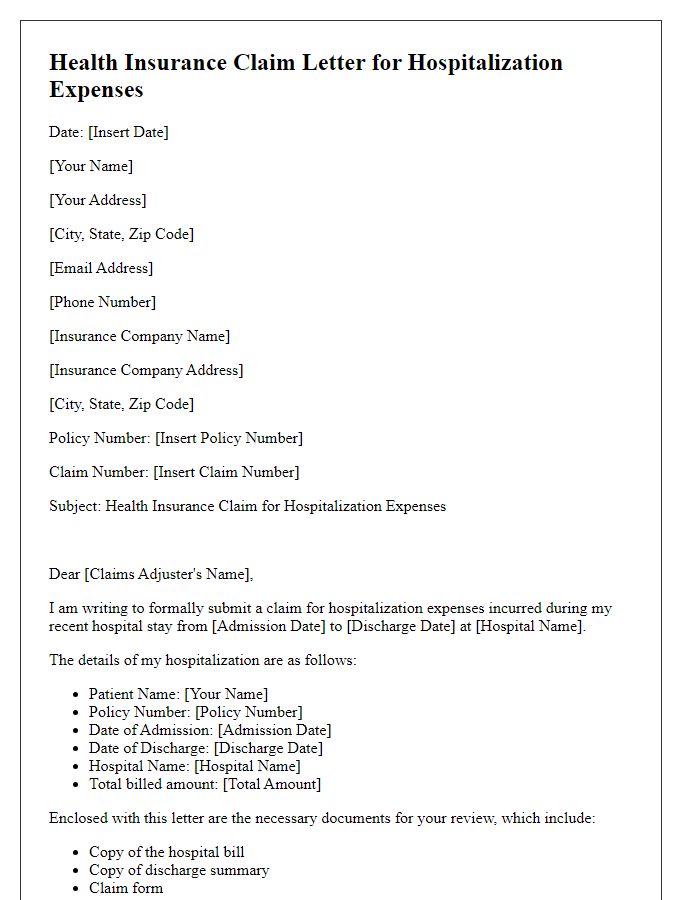 Letter template of health insurance claim for hospitalization expenses.