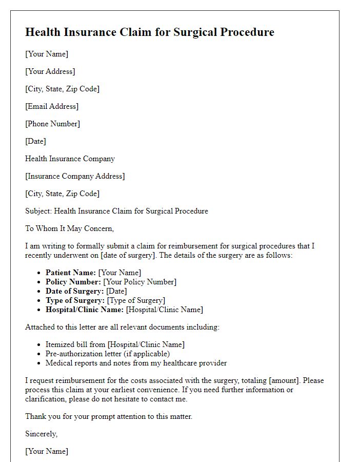 Letter template of health insurance claim for surgical procedures.