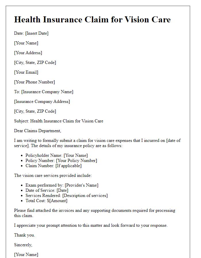 Letter template of health insurance claim for vision care.