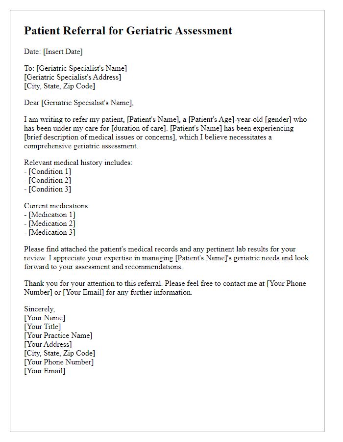 Letter template of patient referral for geriatric assessment