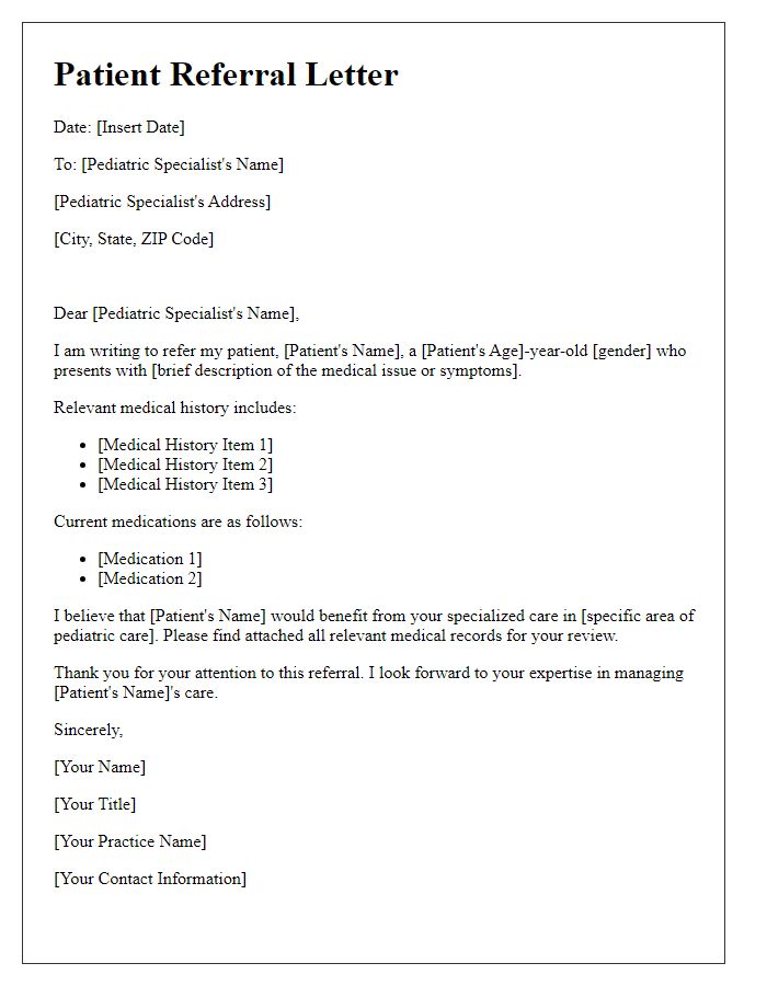 Letter template of patient referral for pediatric care