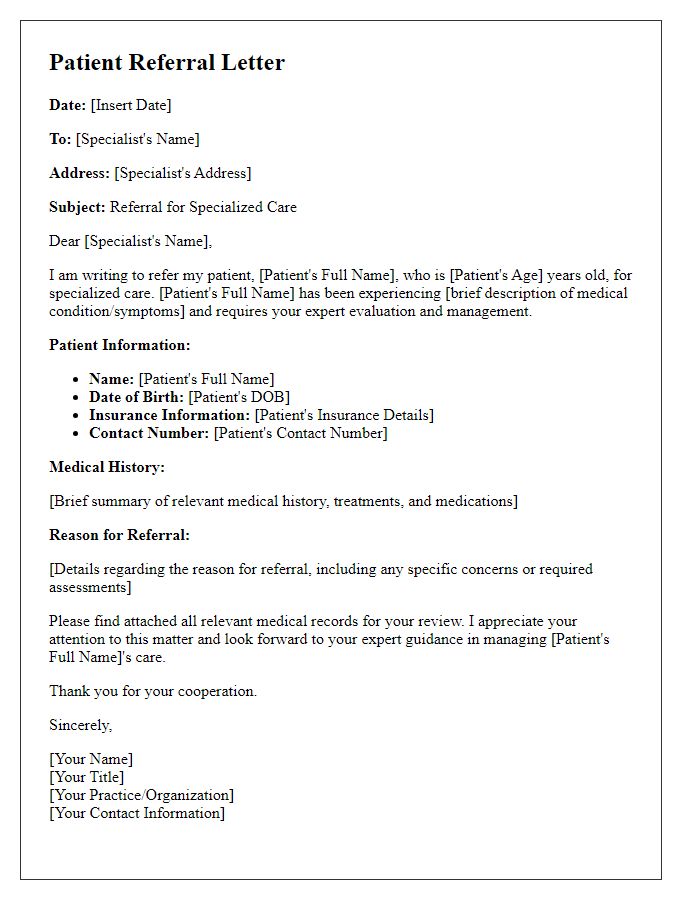 Letter template of patient referral for specialized care