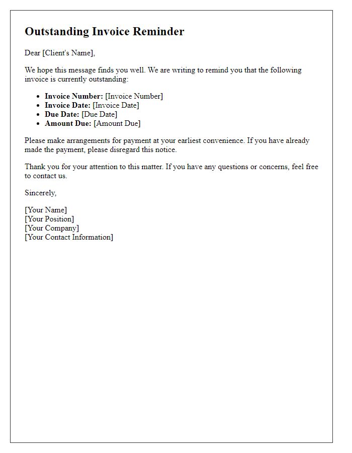 Letter template of outstanding invoice reminder