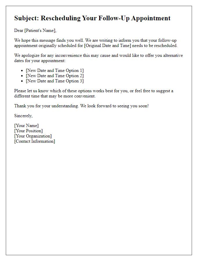 Letter template of follow-up appointment rescheduling
