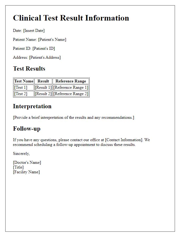 Letter template of clinical test result information