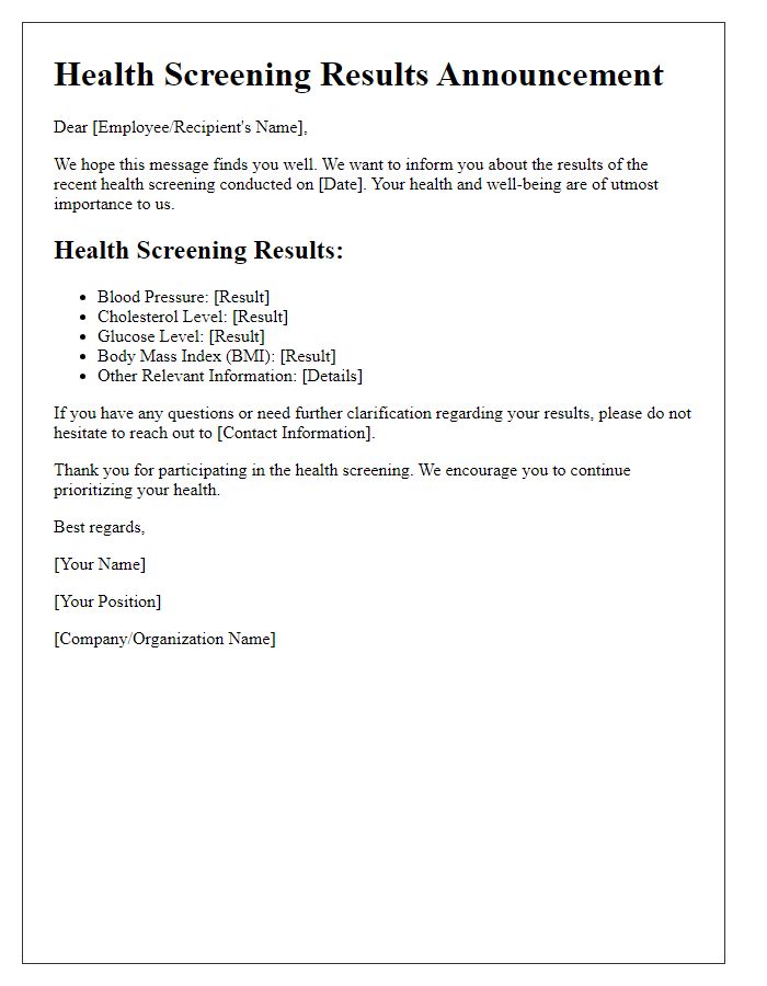 Letter template of health screening results announcement