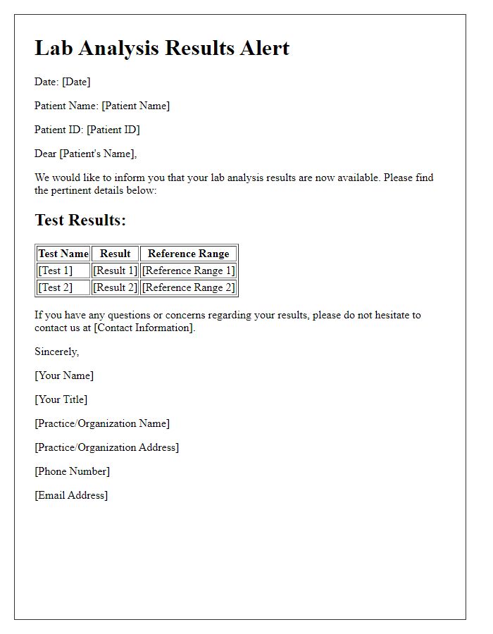 Letter template of lab analysis results alert