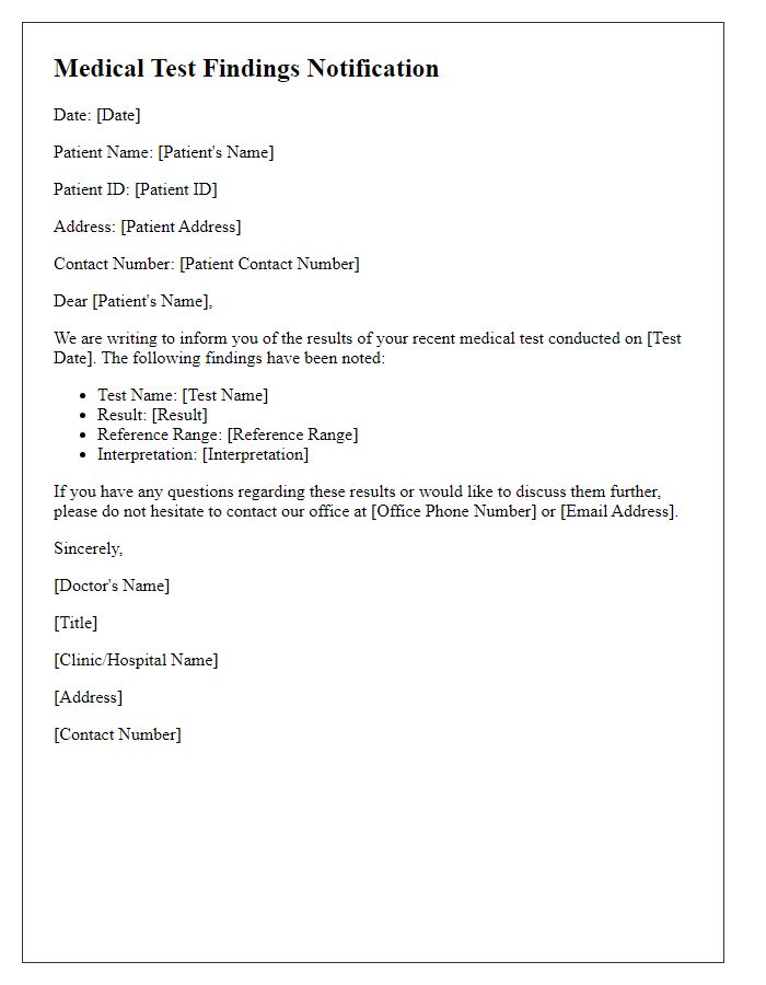 Letter template of medical test findings notification