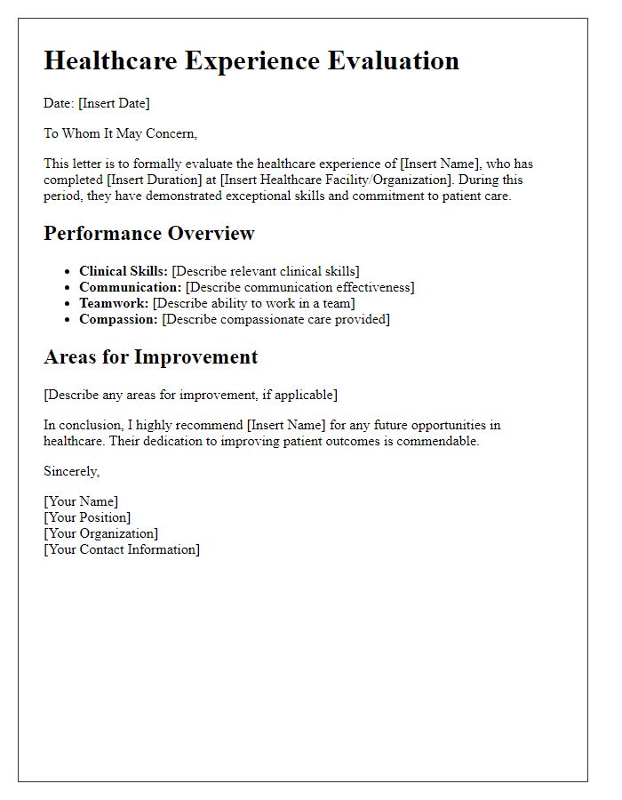 Letter template of healthcare experience evaluation