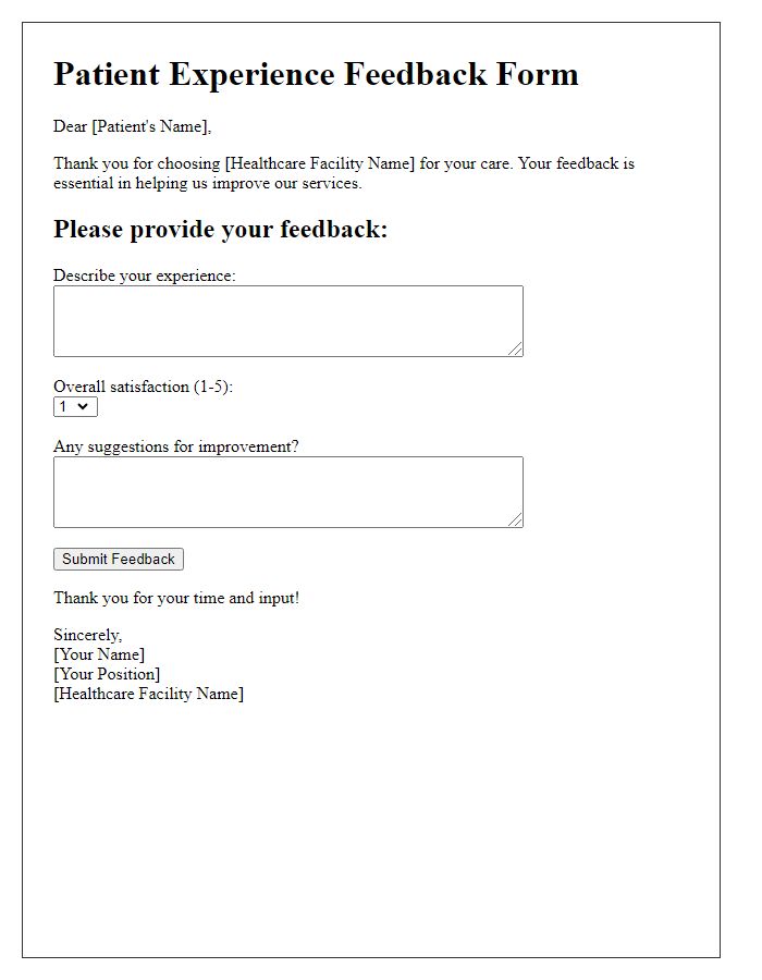 Letter template of patient experience feedback form