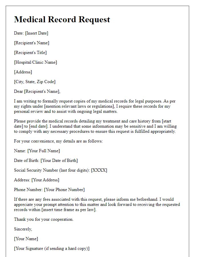 Letter template of medical record request for legal reasons