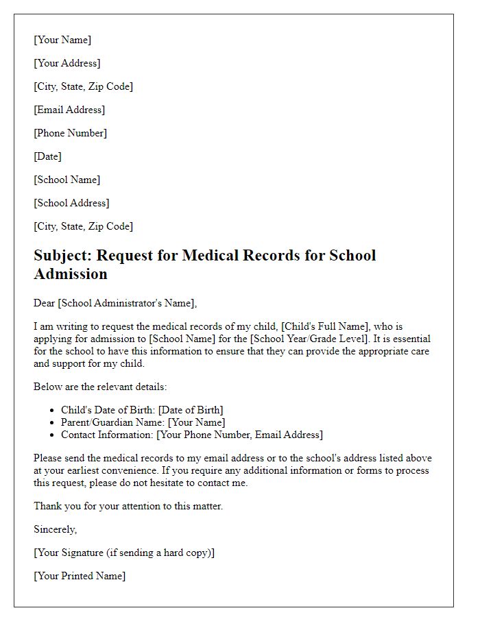 Letter template of medical record request for school admission