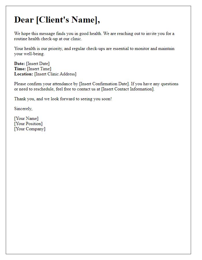 Letter template of health check-up invitation for clients.