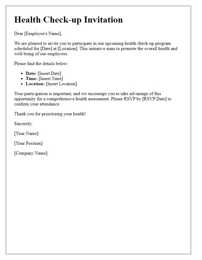 Letter template of health check-up invitation for employees.