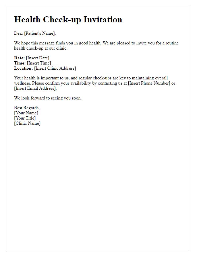 Letter template of health check-up invitation for patients.