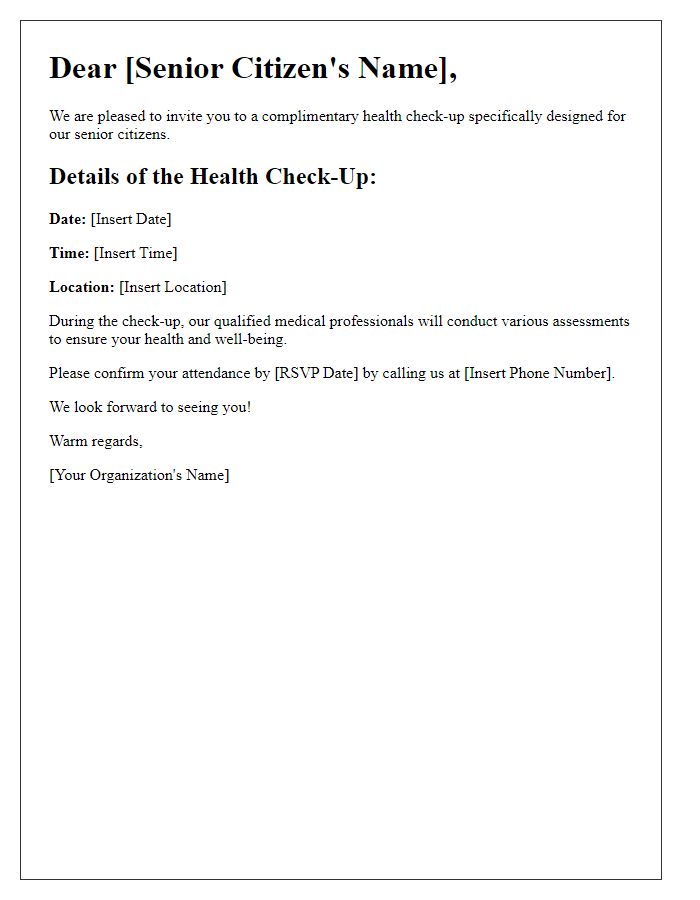 Letter template of health check-up invitation for senior citizens.