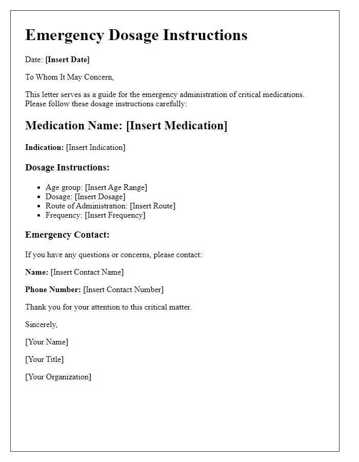 Letter template of emergency dosage instructions for critical medications