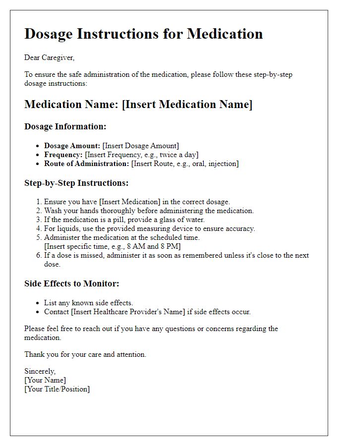 Letter template of step-by-step dosage instructions for caregivers